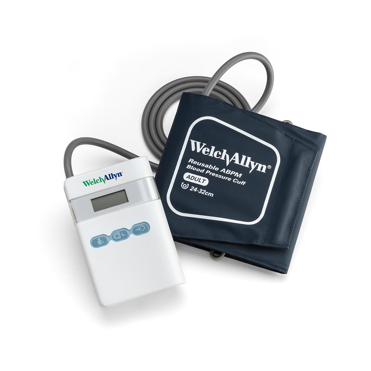 ABPM 7100 Ambulatory Blood Pressure Monitor and cuff on white background, overhead shot